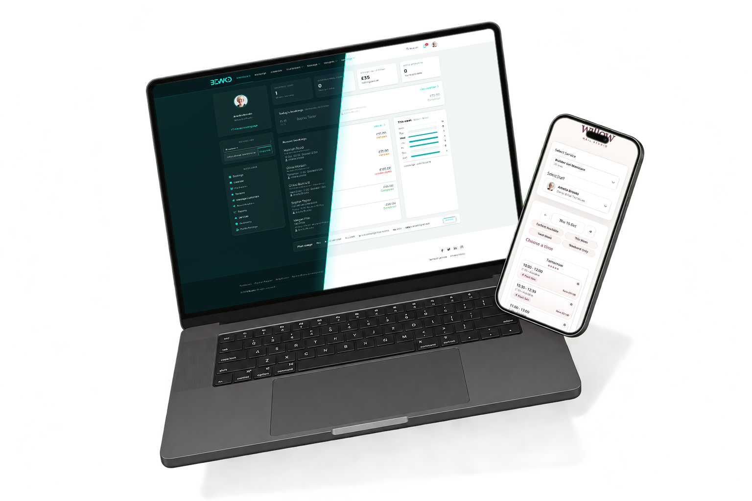 The Bewkd business portal dashboard in dark and light mode on a laptop, next to a customer booking page on a phone